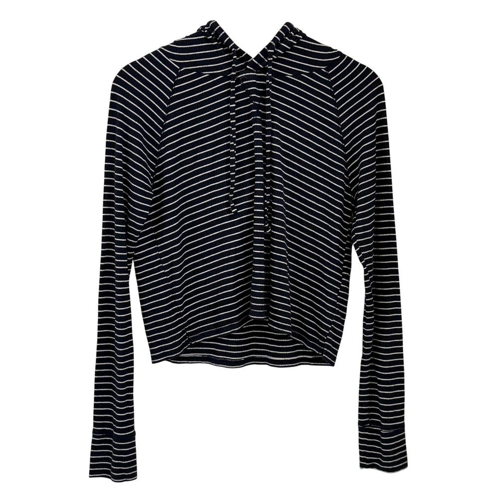 Hollister Striped Hoodie Women Size S Navy Blue Excellent Ribbed Knit Cropped